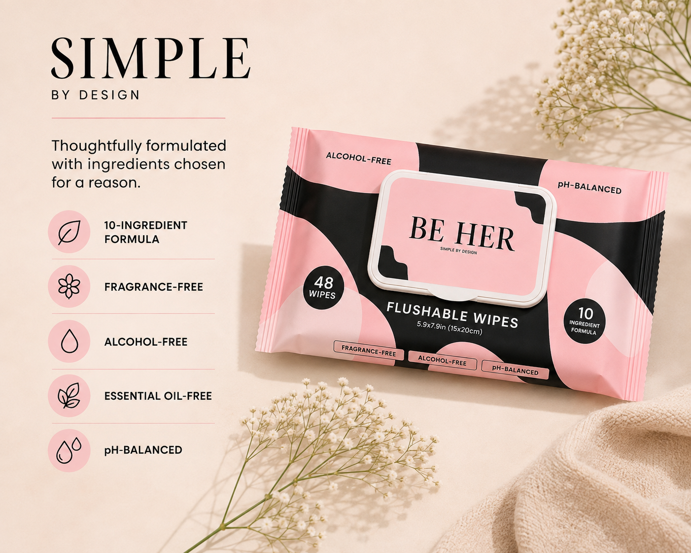 BE HER Flushable Wipes, 48 Count