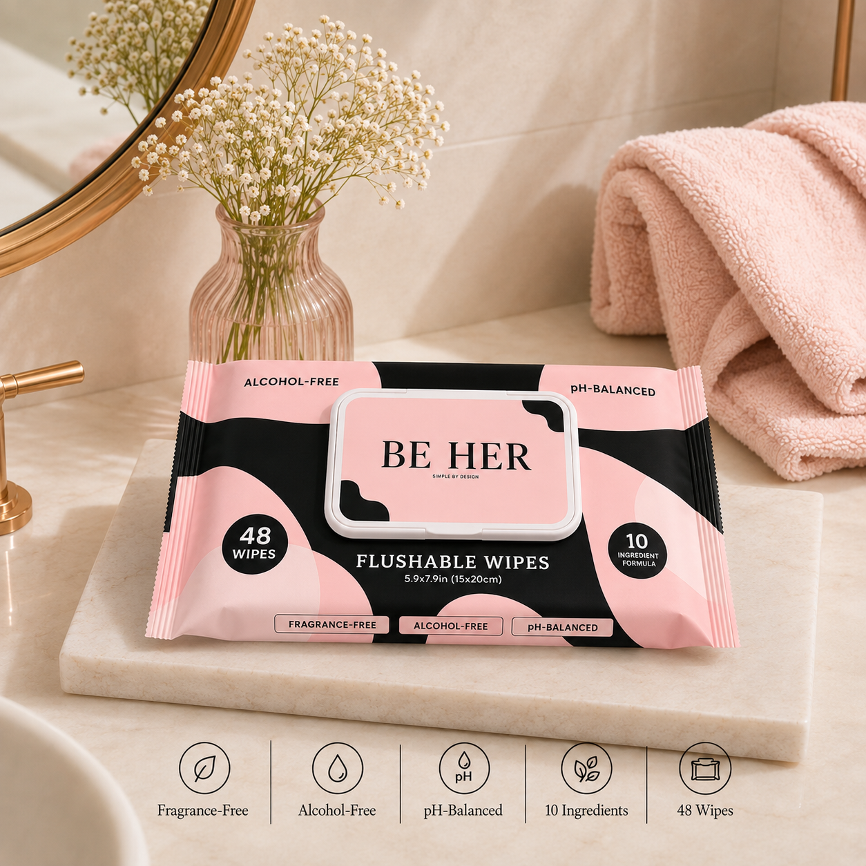 BE HER Flushable Wipes, 48 Count